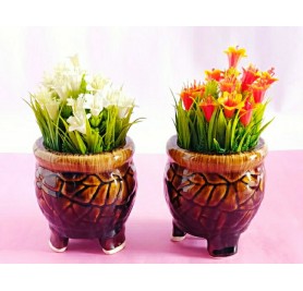 Pair Of Glossy Brown Ceramic Pot